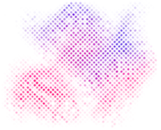 Mancha abstracta en trama de puntos magenta y azul, sobre fondo negro